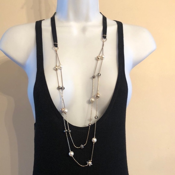 𝅺Ann Taylor faux pearl crystal double layer layered long chain necklace NWT - Picture 2 of 4